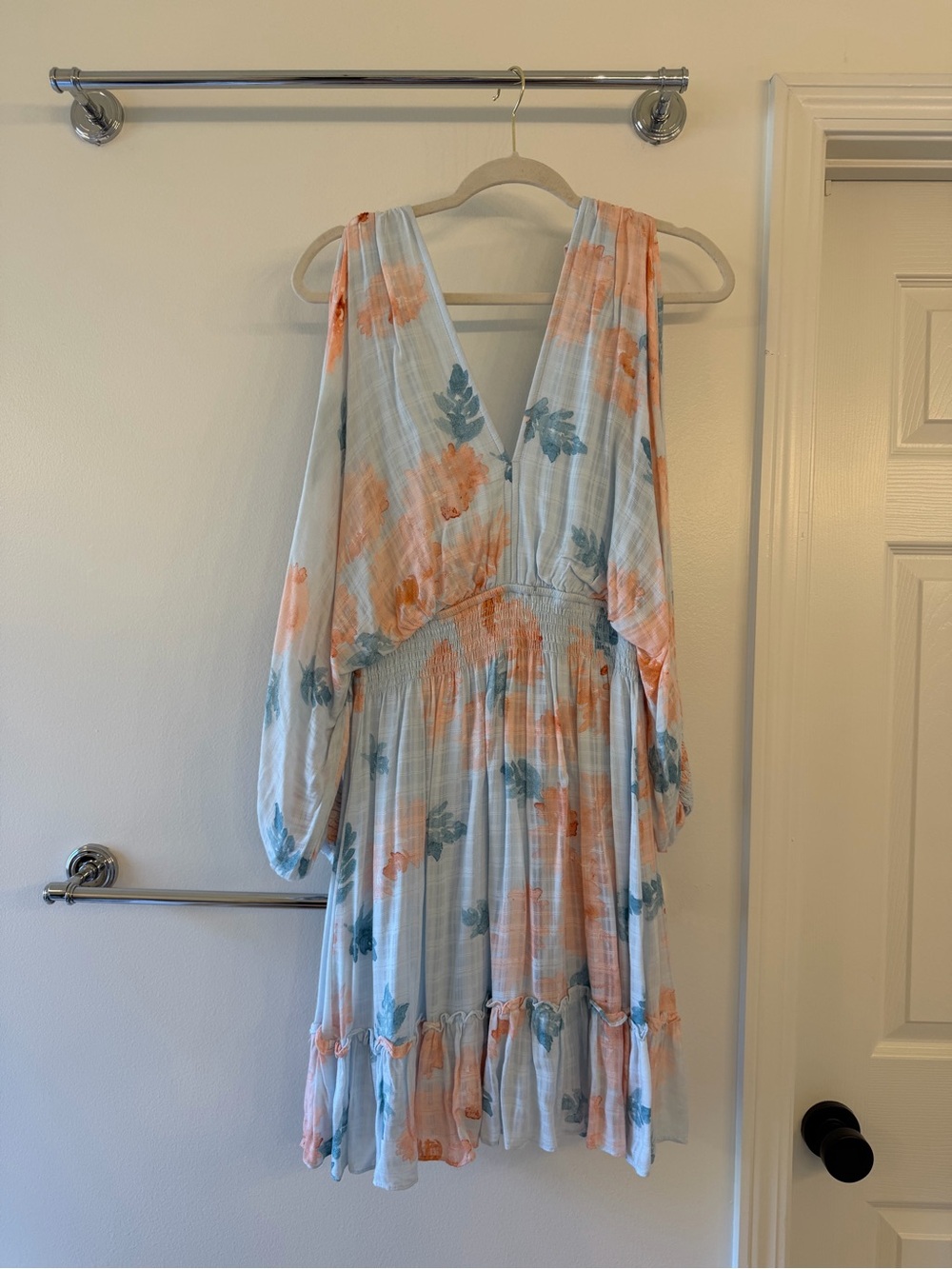 Floral V-Neck Long Sleeve Summer Dress - Peach & Teal